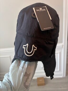 True Religion Black Earflap Logo Hat
